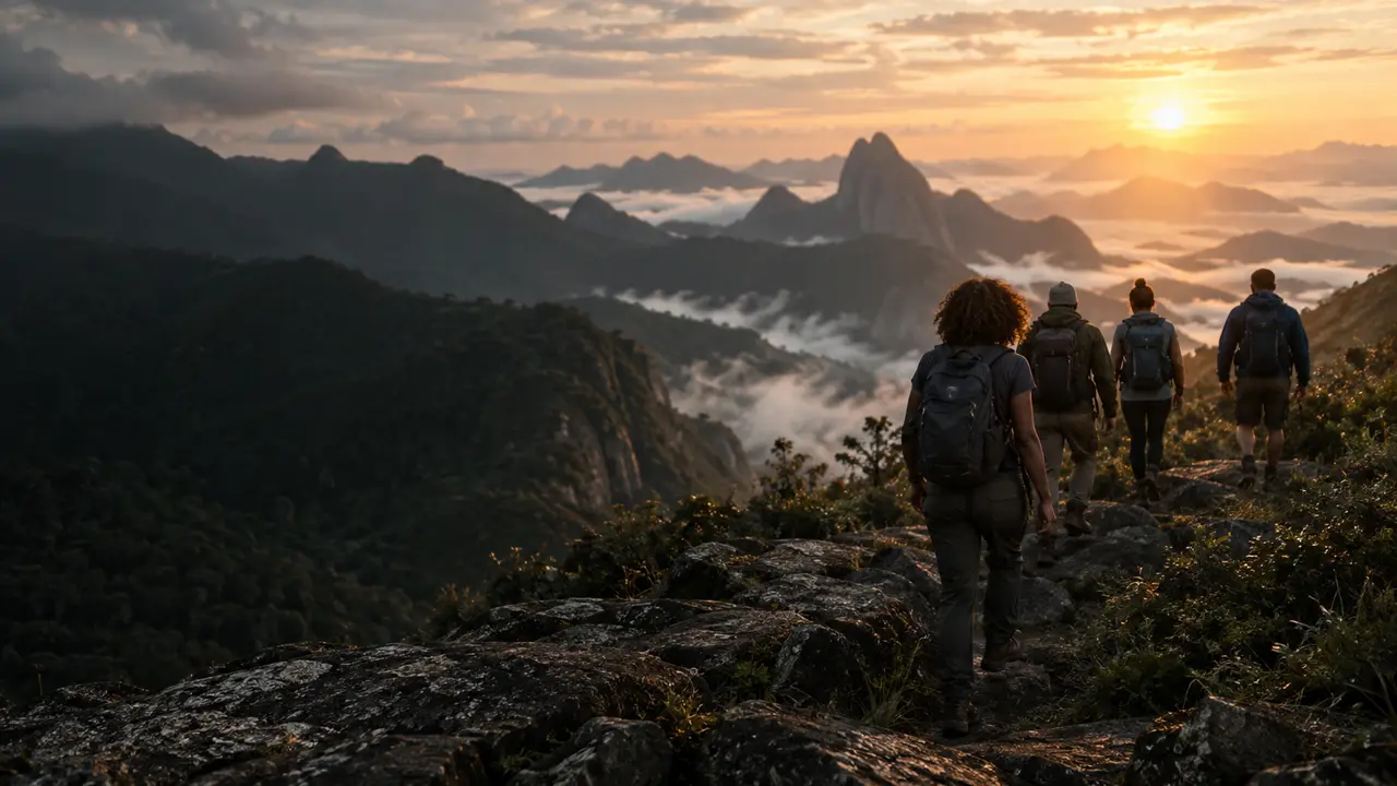 Grupo subindo uma trilha de montanha ao pôr do sol