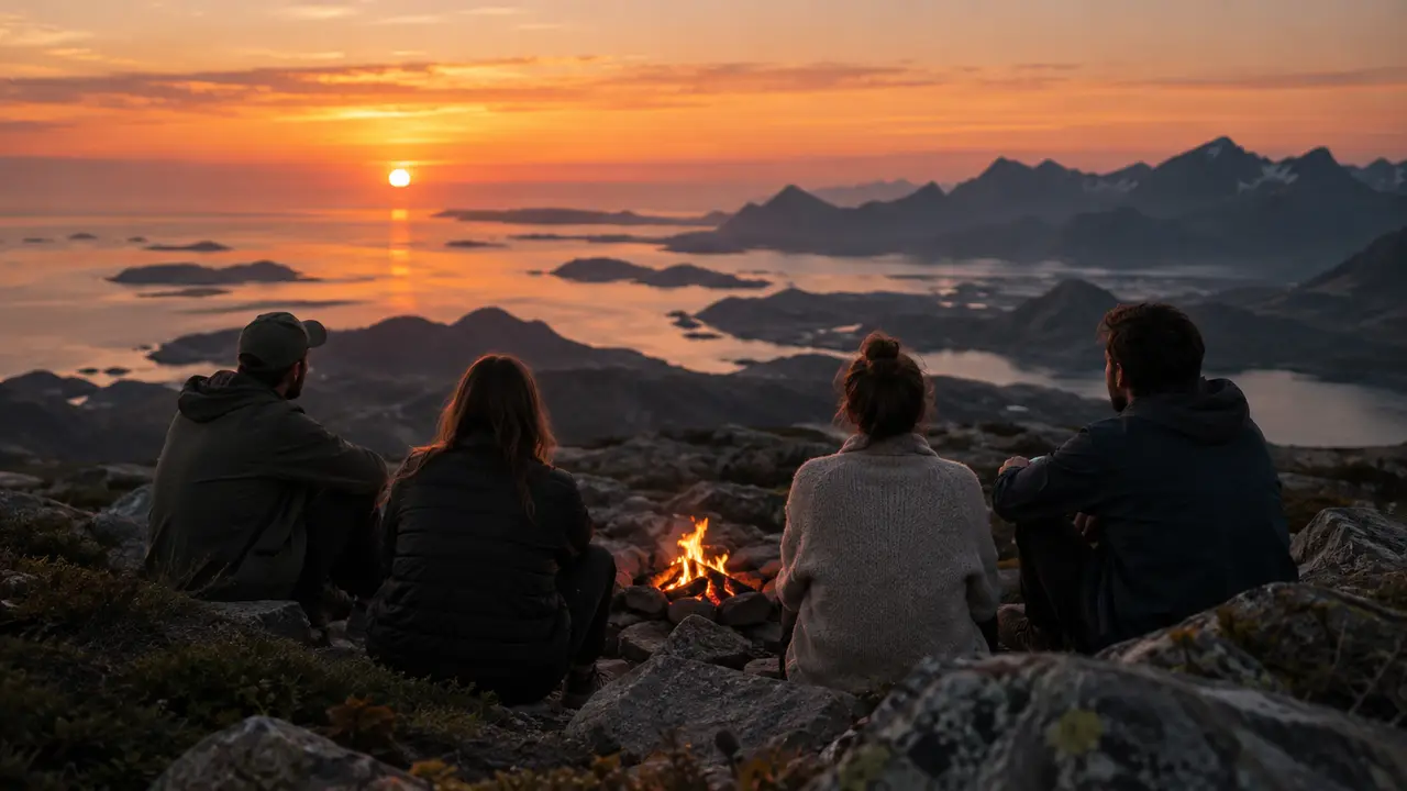 Amigos sentados em volta de uma fogueira no alto de um morro, com o pôr do sol sobre o mar