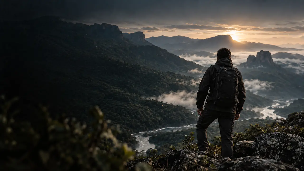 Pessoa de mochila no alto de uma montanha, olhando o vale com neblina ao nascer do sol