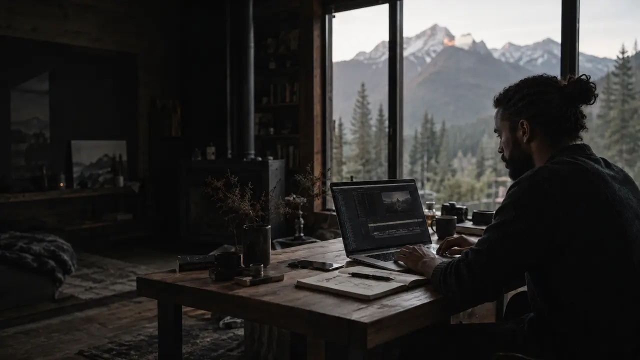 Pessoa trabalhando num laptop, numa mesa de madeira diante de uma janela com montanhas