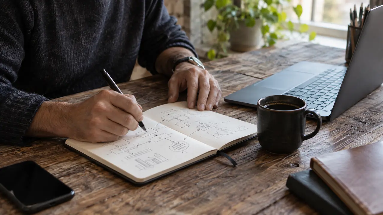 Mãos anotando um fluxo num caderno, ao lado de um laptop e de uma caneca de café